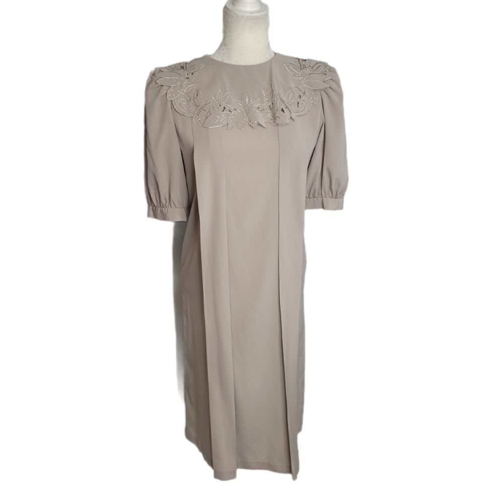 VINTAGE 90s dress gray eyelet embroidered bib shift column XS